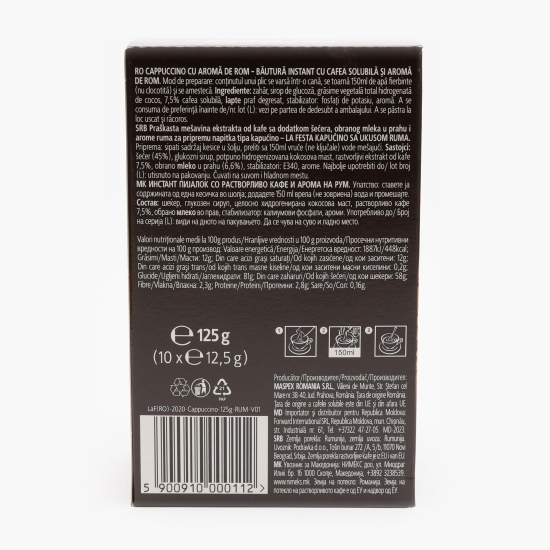 Cappuccino aromă rom, plicuri 10x12.5g, băutură instant 