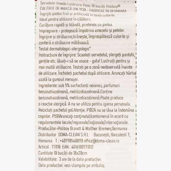 Șervețele umede pentru îngrijire pantofi piele, 10 buc