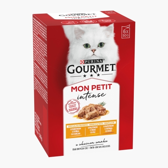 Hrană umedă pentru pisici, 6 x 50g, MonPetit cu pui, rață, curcan în sos