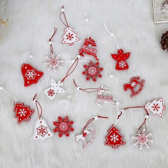 Set decorațiuni de Crăciun din lemn, model reni și fulgi de nea, 12 buc