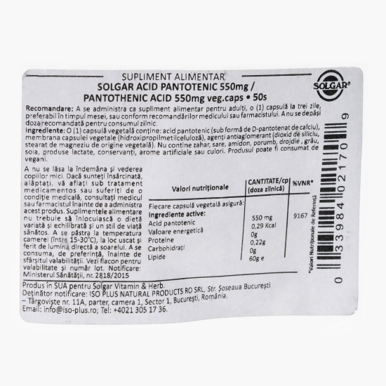 Acid Pantotenic 550mg, 50 capsule vegetale