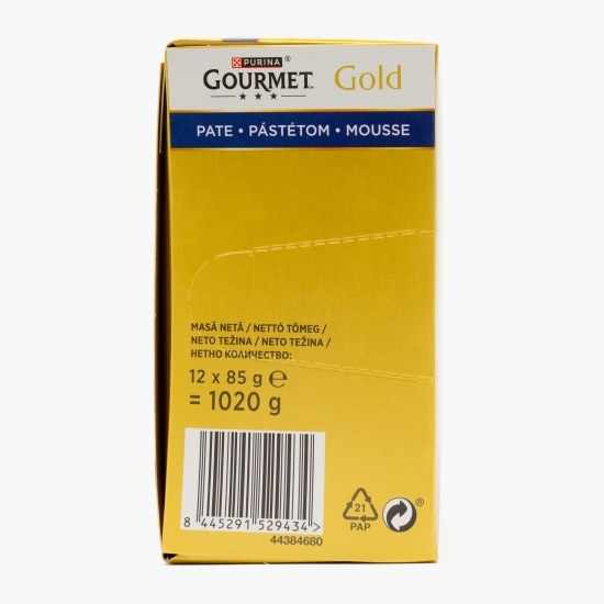  Hrană umedă pentru pisici Pate Mousse Gourmet Gold, 12x85g, mix de arome (ton, curcan, ficat și vită)