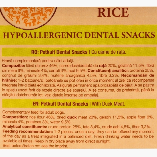 Hrană complementară pentru câini adulți Dental Snacks, cu rață și orez, 21 buc