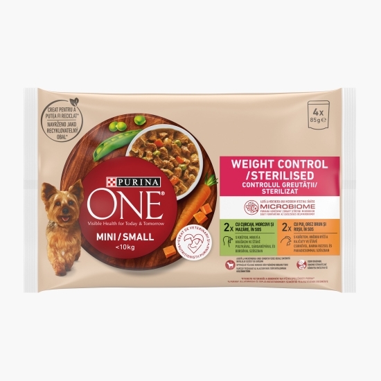 Hrană umedă pentru câini One Mini Controlul greutății/ Sterilizat, multipack - curcan & pui, 4 buc x 85g