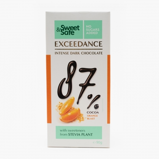 Ciocolată neagră 87% cacao cu portocale, fără zahăr și îndulcitor stevie 90g
