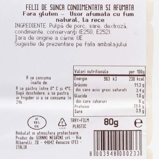 Speck stagionato, șuncă feliată condimentată și afumată 80g