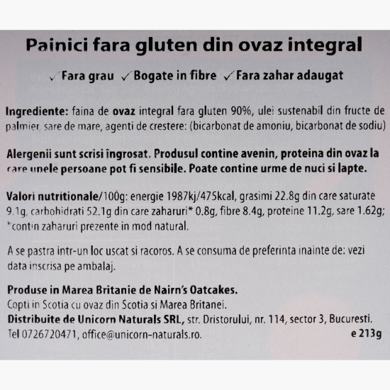 Pâinici (turtite) fără gluten din ovăz integral 213g