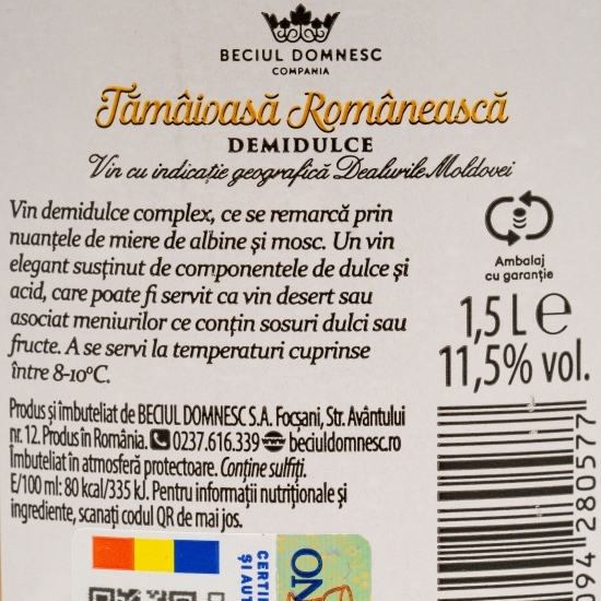 Vin alb demidulce Tămâioasă Românească, 11.5%, 1.5l