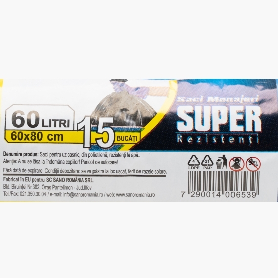Saci menajeri super rezistenți, albastru, 60l, 15 buc