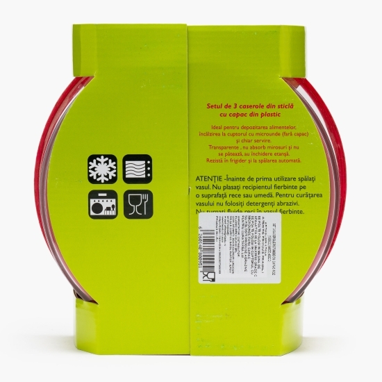 Set 3 caserole rotunde din sticlă, 450/840/1500ml