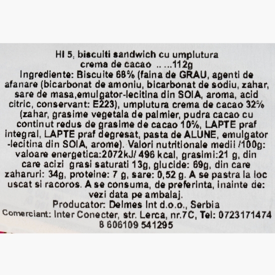 Biscuiți sandwich cu ciocolată HI5, 112g