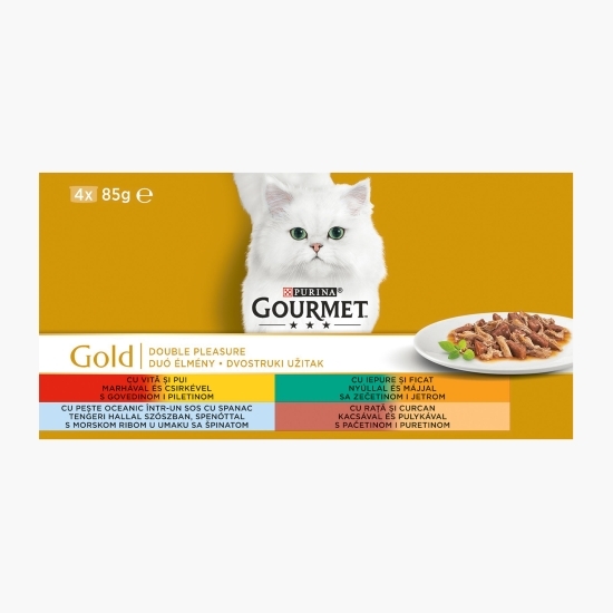 Hrană umedă pentru pisici, 4x85g, Multipack vită + pui, iepure + ficat, pește oceanic în sos cu spanac, rață + curcan