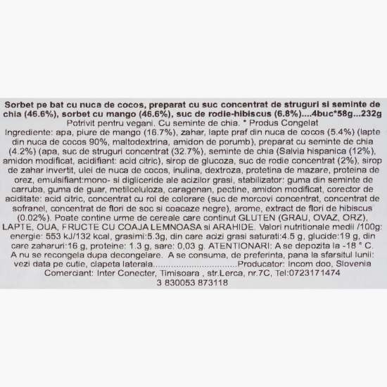 Sorbet cocos, rodie, mango și semințe de chia 4x70ml