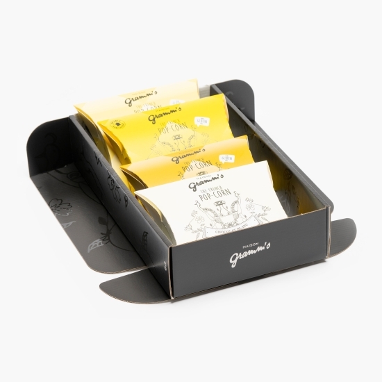 Cutie cadou 4 pliculețe popcorn cu ciocolată și mirodenii 120g