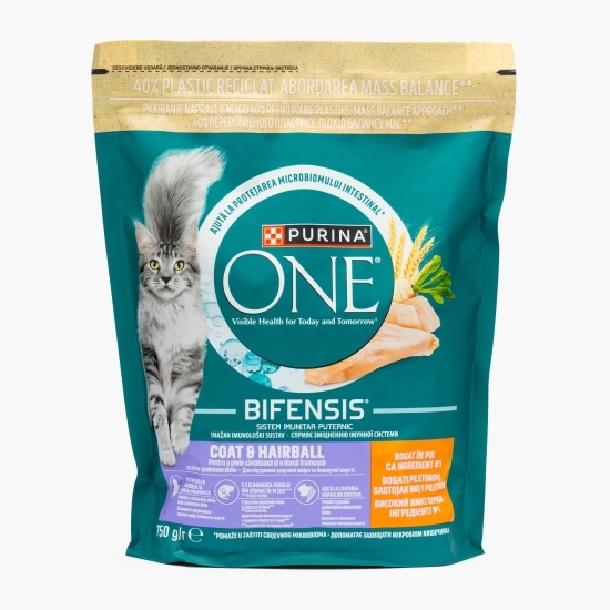 Hrană uscată pentru pisici One Coat & Hairball, 750g, cu pui