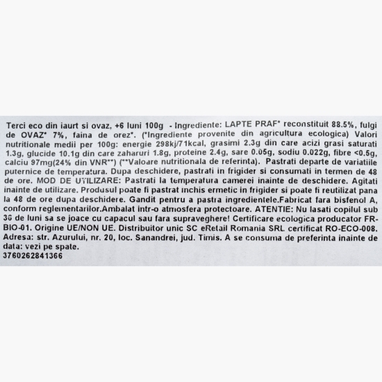 Terci eco din iaurt și ovăz, +6 luni, 100g