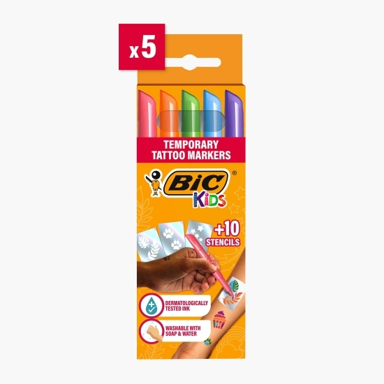 Tatuaje temporare Kids 5 markere + 10 șabloane, 6+ ani