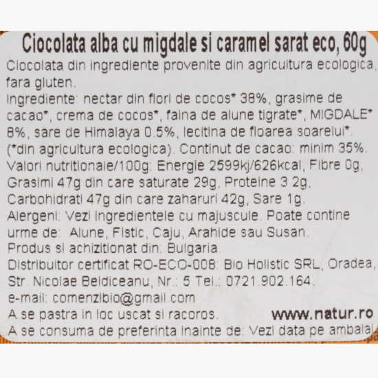 Ciocolată albă eco, cu migdale și caramel sărat, 60g