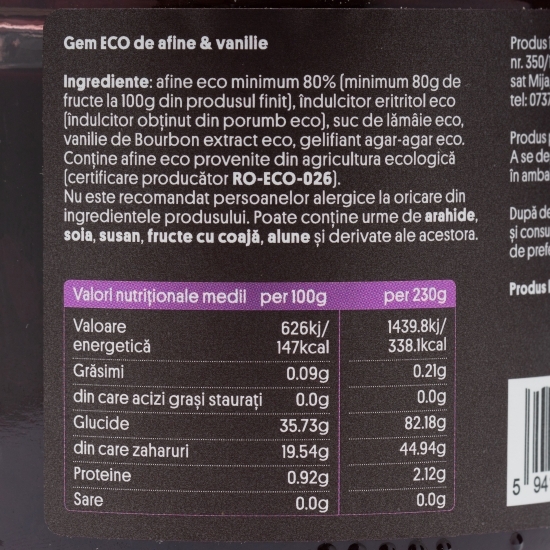Gem eco de afine și vanilie, fără zahăr adăugat 230g