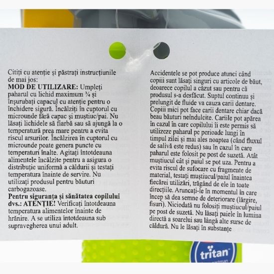 Pahar din tritan cu muștiuc din silicon și mâner, +3 ani, 360ml