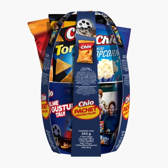 Pachet snacks pentru filme: chipsuri, tortillas, popcorn 345g