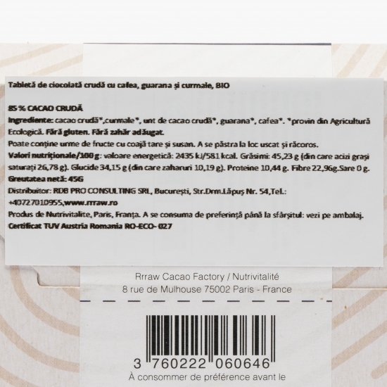 Tabletă de cacao crudă cu guarana, cafea și curmale eco 45g