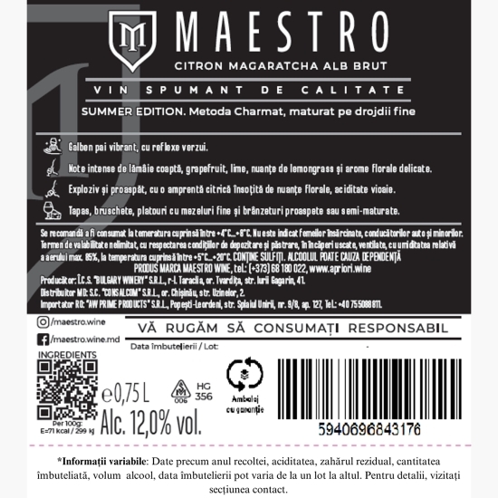 Vin spumant alb brut, Citron Magaratcha, 12%, 0.75l