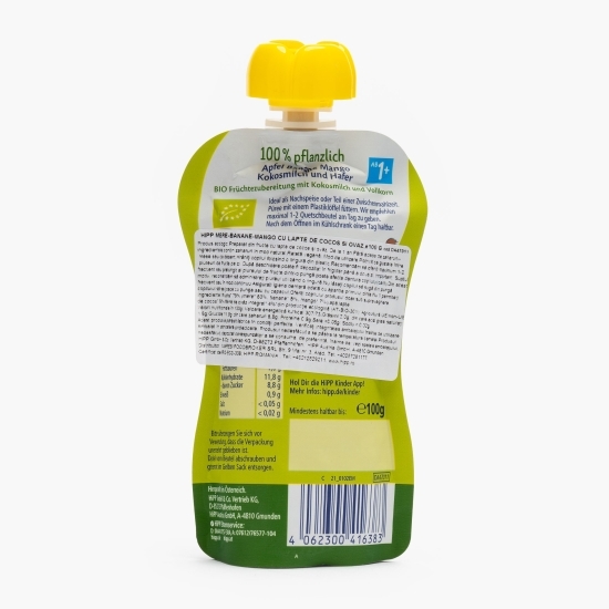 Piure eco din fructe cu mere, banane, mango și lapte de cocos, cu ovăz, fără zahăr adăugat, 100g