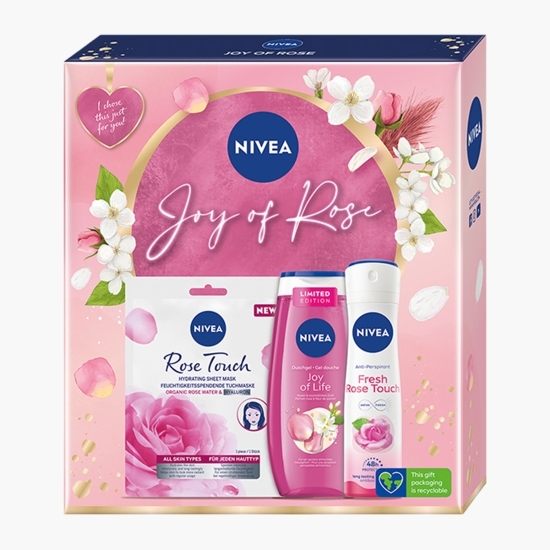 Set cadou: Mască șervețel Rose 1 buc  + Gel de duș Joy of Life 250ml+ Deodorant spray feminin Rose Touch 150ml