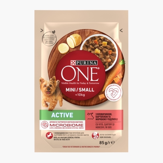 Hrană umedă pentru câini One Mini Active, 85g, cu vită, cartofi și morcovi în sos