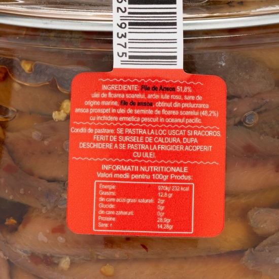 File de anșoa în ulei de semințe de floarea-soarelui cu ardei iute 580g