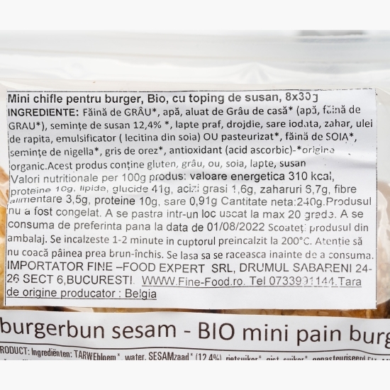 Mini chiflă Burger cu semințe de susan precoaptă , eco 8x30g 