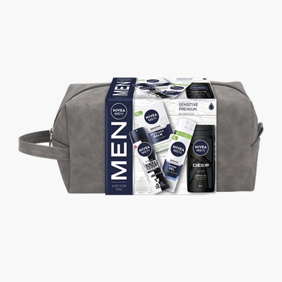Set cadou geantă: balsam după ras pentru ten sensibil 0.1l + gel de ras pentru ten sensibil 0.2l + deodorant spray masculin Black&White Power 0.15l + gel de duș Deep 0.25l