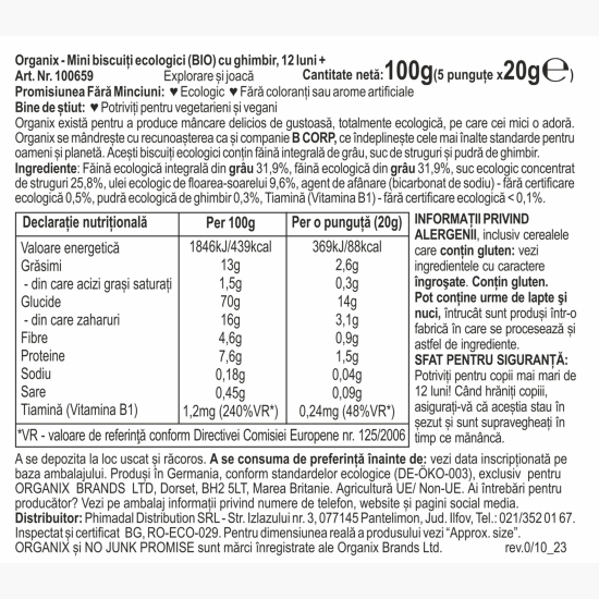 Mini biscuiți ecologici cu ghimbir 5x20g, 12+ luni