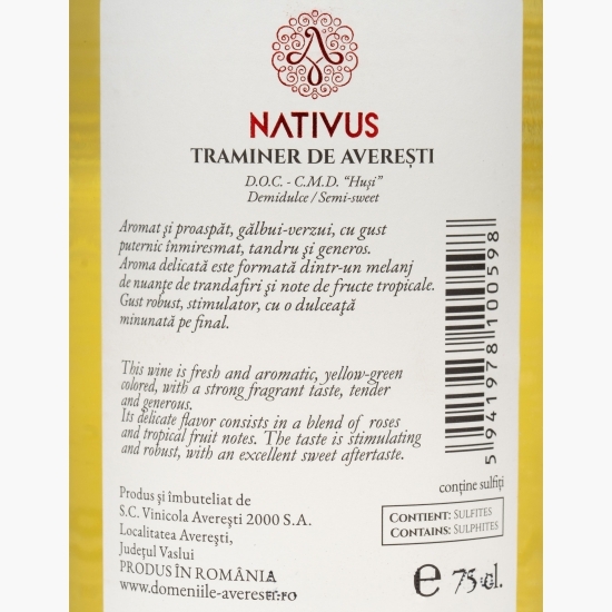 Vin alb demidulce Nativus Traminer, 14.5%, 0.75l