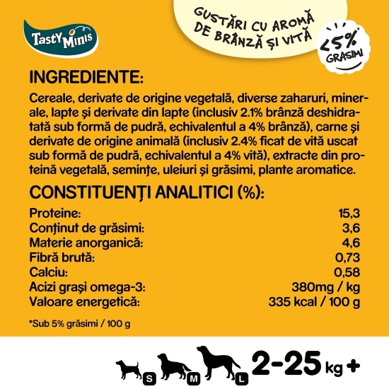 Recompense pentru câini adulți, 140g, Tasty Minis cu brânză și vită 