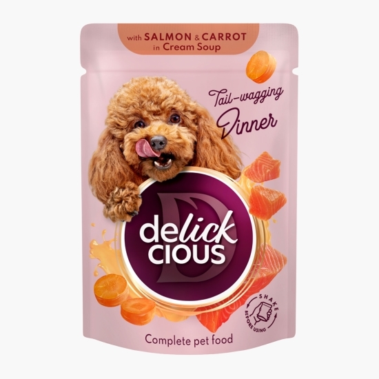 Hrană umedă pentru câini, cu somon și morcov în supă cremă, 85g