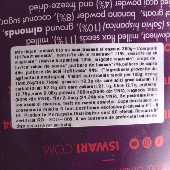 Mic dejun instant eco cu acai banane și căpșuni 360g