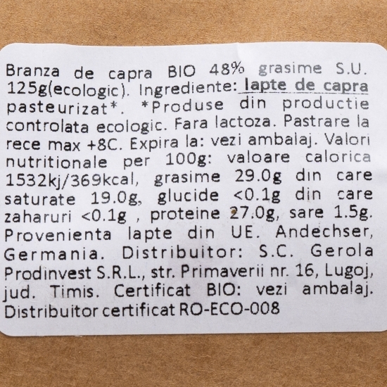 Brânză eco de capră, fără lactoză, 48% grăsime 125g