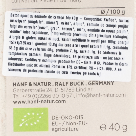 Baton sport cu semințe de cânepă eco 40g
