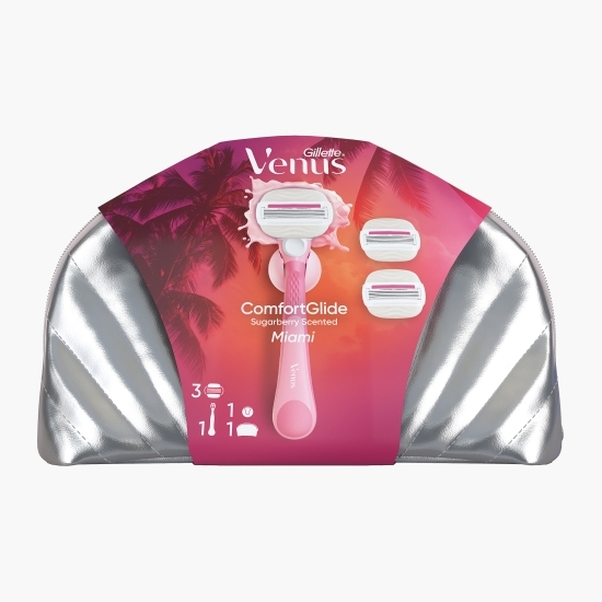 Aparat de ras Venus ComfortGlide Miami Sugarberry (mâner + 3 rezerve + suport de duș + geantă)