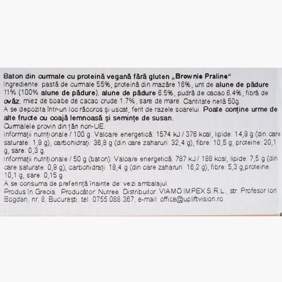 Baton proteic din curmale Brownie Praline, fără gluten, vegan, 50g