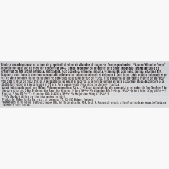 Apă cu magneziu și aromă de grapefruit, Focus, 0.6l