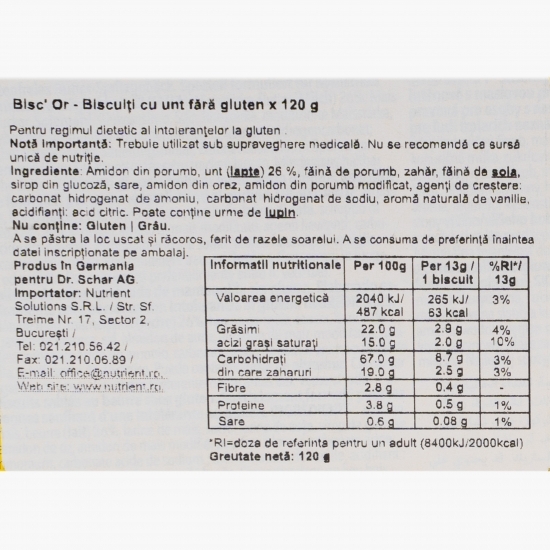 Biscuiți cu unt fără gluten Bisc'Or 120g 