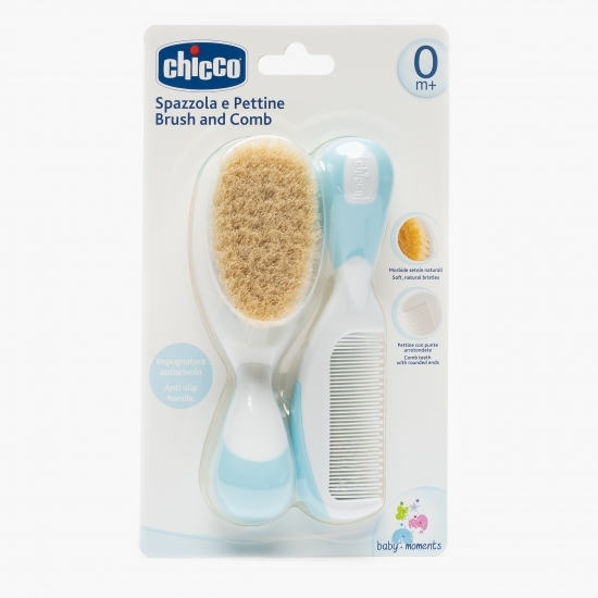 Set pieptăn + perie din păr natural pentru copii, albastru, +0 luni