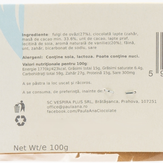 Biscuiți cu ovăz și ciocolată 100g