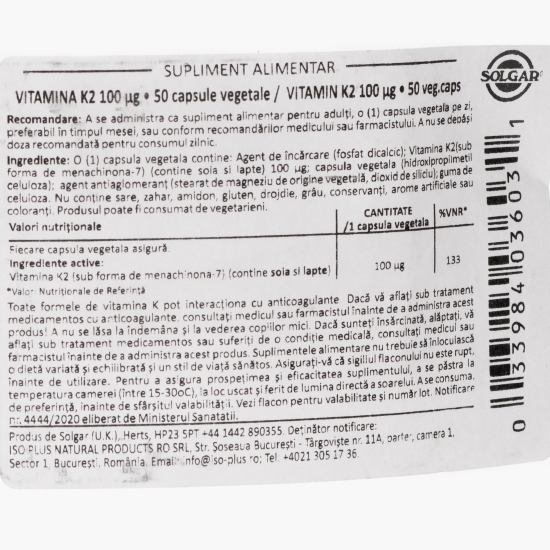 Vitamina K2 naturală 100μg 50 capsule vegetale