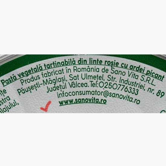 Pastă vegetală tartinabilă din linte roșie cu ardei picant 100g