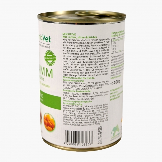 Hrană umedă pentru câini Sensitive, 400g, miel, dovleac și mei 