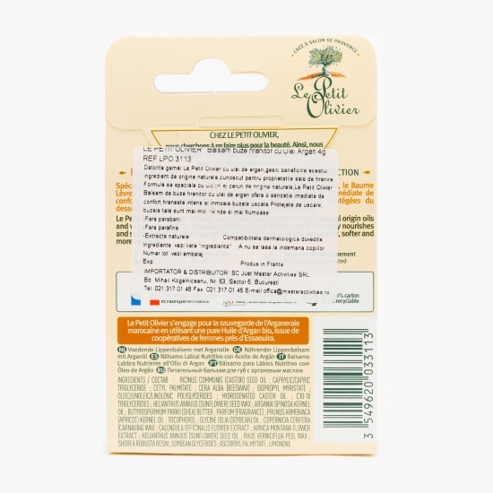 Balsam de buze hidratant și reparator cu ulei de argan 4g
